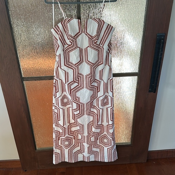By Anthropologie Strapless Linen Plunge-neck MIDI Dress Size 14 NWT BROWN motif - Picture 11 of 17